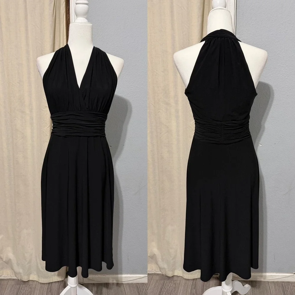 Jones Wear Babydoll Dress Size 8 Black Halter Midi Ruched Waist Marilyn Monroee